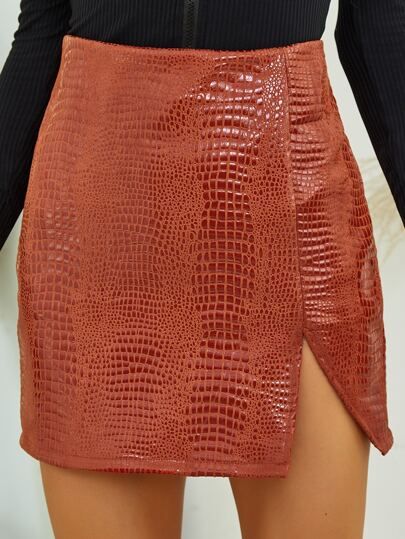 High Waist Crocodile PU Leather Skirt | SHEIN