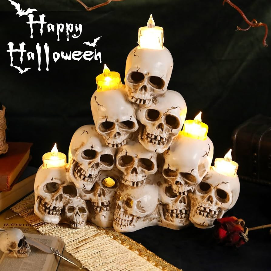 WONDER GARDEN Skulls Halloween Decor - Stacked Skeleton Heads with Candle Holder and Lights Skull... | Amazon (US)