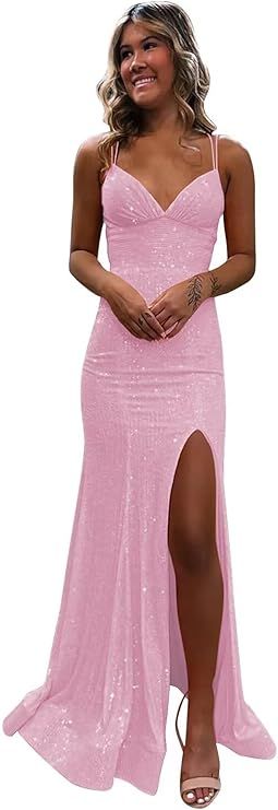 Spaghetti Strap Sequin Mermaid Prom Dress with Slit V-Neck Sparkly Long Formal Dresses Evening Go... | Amazon (US)