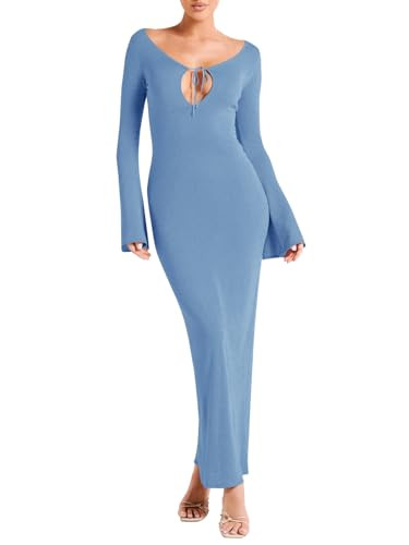Fisoew Womens Long Sleeve Knit Dresses V Neck Tie Front Solid Bodycon Sexy Party Maxi Dress Blue | Amazon (US)