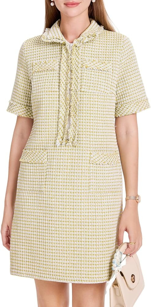 WOWULOVELY Womens Tweed Mini Dress Short Sleeve Straight Tube Front Half Zipper A-line Nubby Dres... | Amazon (US)