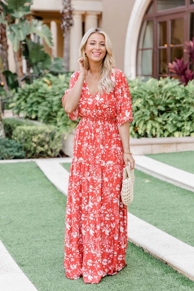Sunshiny Days Red Smocked Waist Floral Maxi Dress | The Pink Lily Boutique