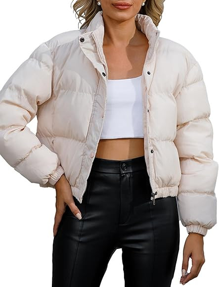 Arssm Women's Winter Cropped Puffer Jacket Stand Collar Zip Short Warm Quilted Jacket Long Sleeve... | Amazon (US)