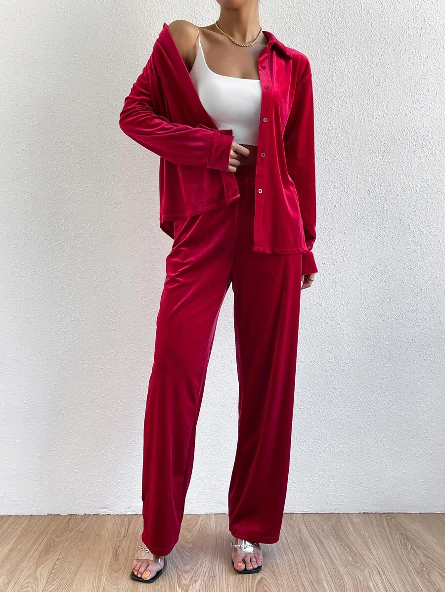 Solid Velvet Button Front Shirt & Pants
   
      SKU: sw2209202224436332
          (7 Reviews)  ... | SHEIN
