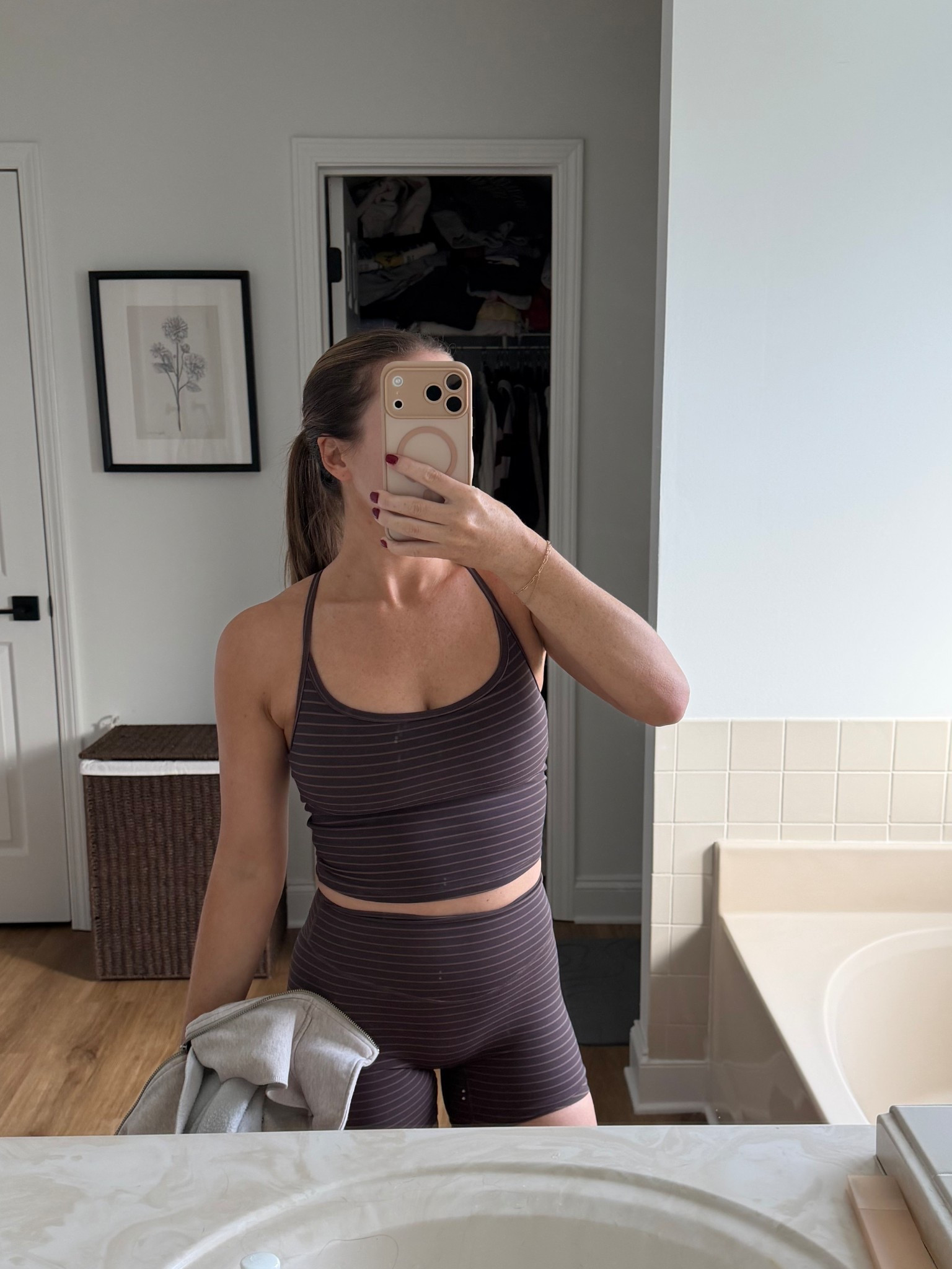 Matching chocolate striped workout set - wearing XS in both 

#LTKActive #LTKfitnessgoals #LTKdayinmylife