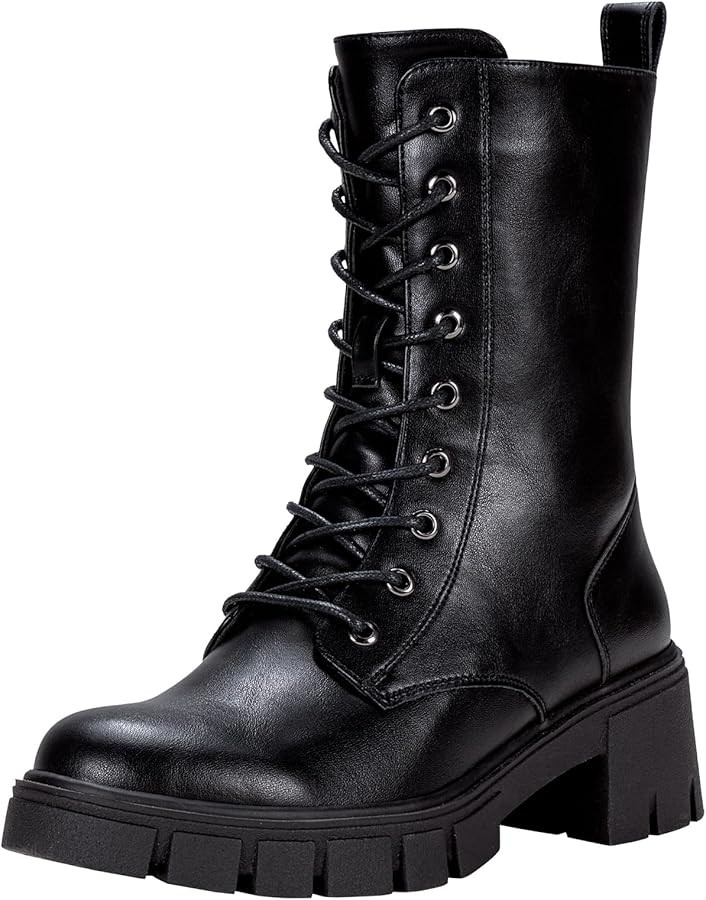 Vepose Women's Mid Calf Combat Boots Lace-up Elastic Chunky Platform Boot with Side Zipper | Amazon (US)
