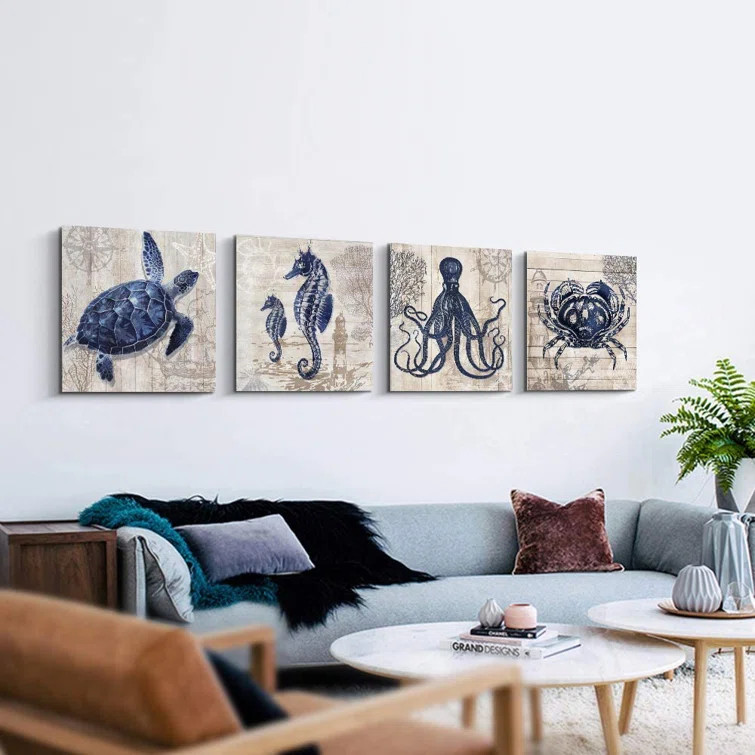 Abstract Marine Animals Wall Art Print On Wrapped Canvas 4Pcs Set - 4 Piece Wrapped Canvas Print ... | Wayfair North America
