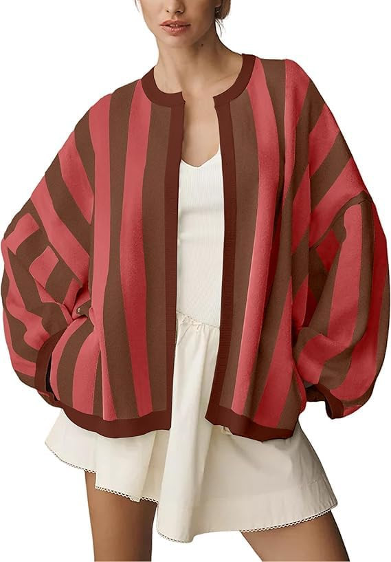 VAOYIU Womens Casual Striped Knit Cardigan Cute Long Lantern Sleeves Elegant Round Neck Color Blo... | Amazon (US)