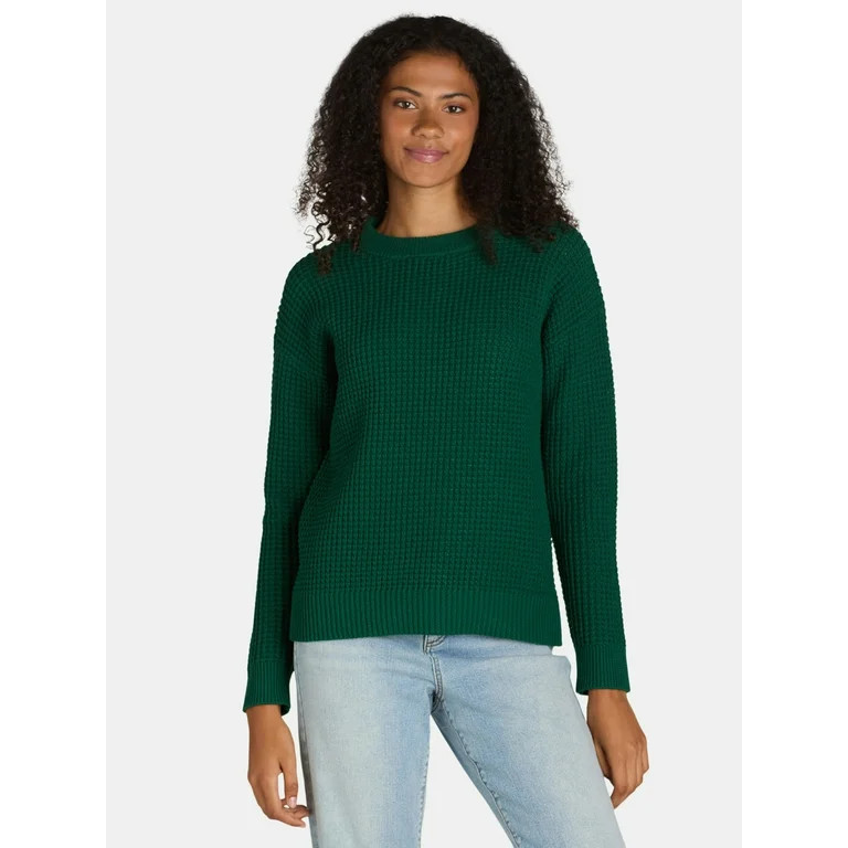 Time and Tru Women's and Women's Plus Waffle Stitch Sweater with Long Sleeves, Midweight, Sizes X... | Walmart (US)