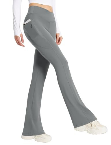 baleaf Women's Flare Leggings with Zipper Pockets Crossover High Waist Bootcut Yoga Pants Tummy Control Bell Bottom Leggings Dark Grey XS | Amazon (US)