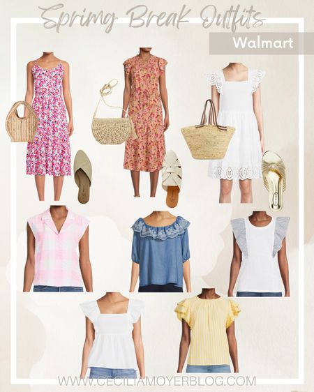 Walmart spring outfits at an affordable price!  Summer outfits or vacation outfits - vacation dresses - summer tops - spring tops - Walmart fashion - spring shoes - tan mules 

#LTKunder50 #LTKtravel #LTKitbag