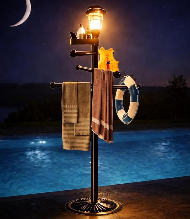 Pool Outdoor Towel Rack with Solar Light, 6 Bars with Top Tray Metal Heavy Duty Pool Accessories ... | Amazon (US)