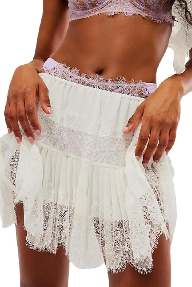 Women Y2k Lace Mini Skirt Fairy Mesh Floral Low Rise Pleated Half Slip Skirt Layered Flowy Short ... | Amazon (US)