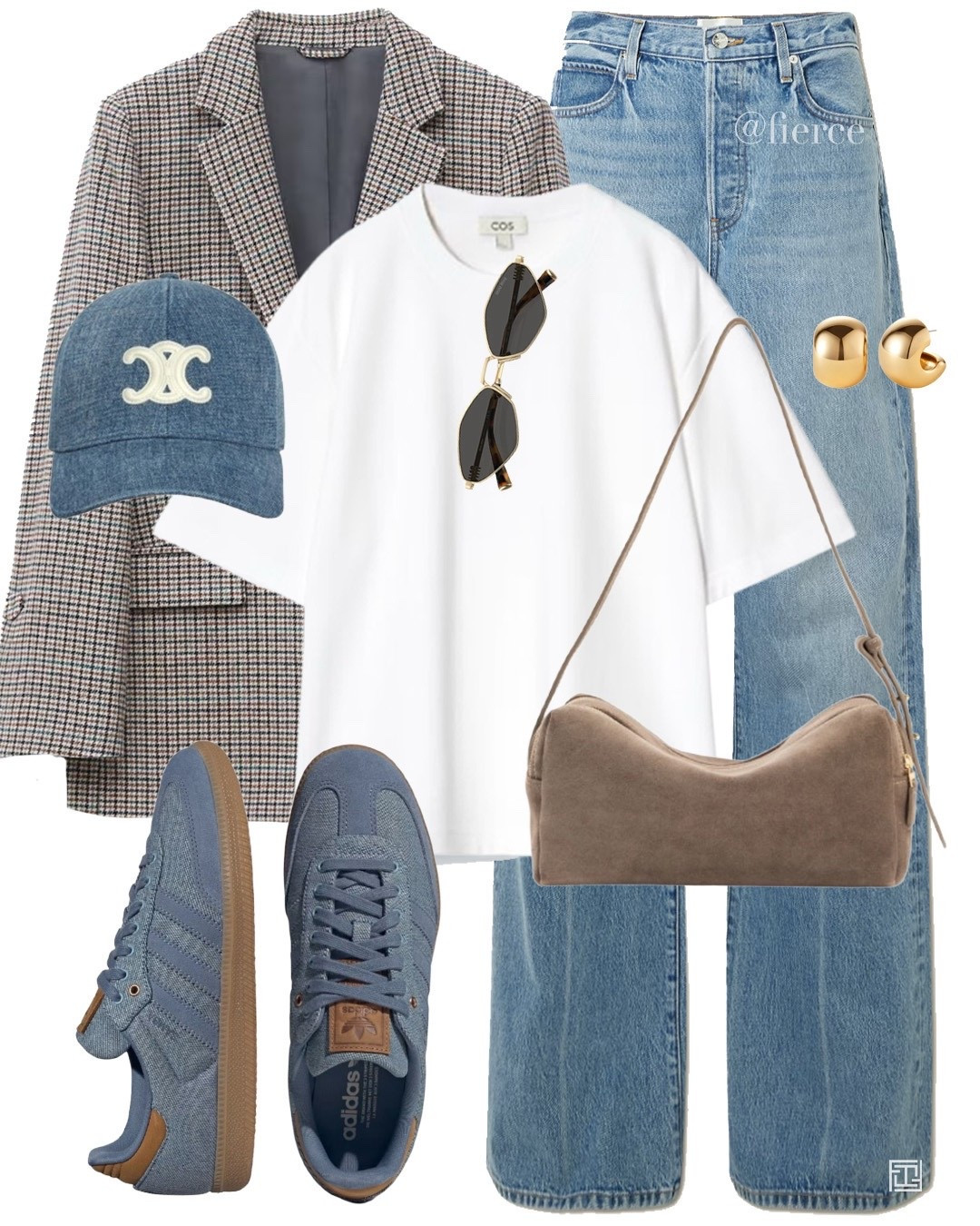 Check blazer blue adidas samba taupe beige suede bag blue jeans white tshirt denim cap 

#LTKeurope #LTKspring #LTKuk