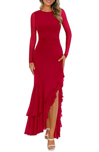 BTFBM Women's Maxi Dresses Fall 2025 Long Sleeve Ruched Bodycon Solid Ruffle Mermaid Cocktail Wedding Guest Dress(Red,X-Large) | Amazon (US)