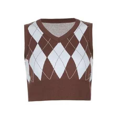 Carolilly Women’s Argyle Sweater Vest Sleeveless V Neck Knit Pullover Crop Top | Walmart (US)