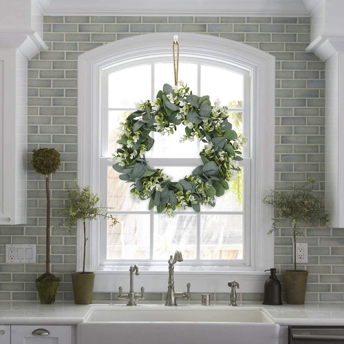 Artificial Eucalyptus Green Leaf Wreath with Cotton, Spring Summer Outdoor Ornaments for Front Do... | Amazon (US)