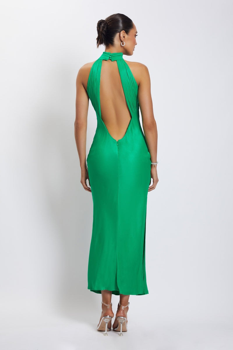 Claire Satin Drape Back Maxi Dress - Green | MESHKI US