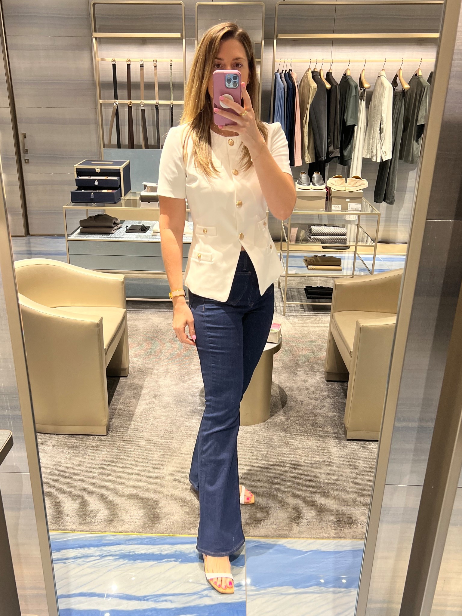 Too hot for a blazer but want a professional look? This short sleeve jacket (worn as a top) is AMAZING!  Love the gold buttons and front slit for a modern take. 10/10 recommend. 

Runs TTS. Wearing a size small.
Jeans run small. Wearing a 29.

#LTKStyleTip #LTKOver40 #LTKWorkwear