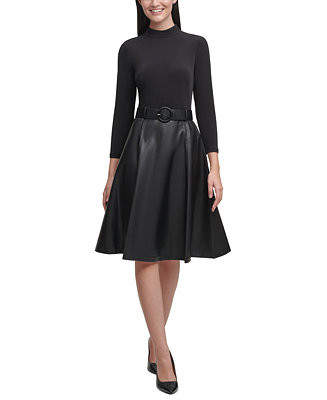 Calvin Klein Faux-Leather Mock-Neck Fit & Flare Dress & Reviews - Dresses - Women - Macy's | Macys (US)