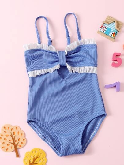 Toddler Girls Rib Frill Trim One Piece Swimsuit | SHEIN