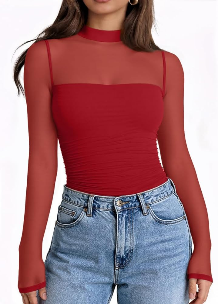 LILLUSORY Womens Long Sleeve Mesh Tops Mock Neck See Through Lace Shirts Sheer Going Out Sexy 202... | Amazon (US)