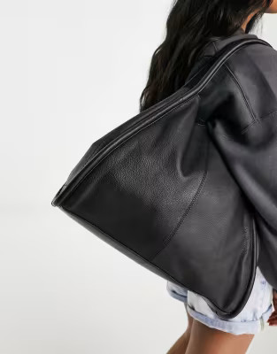 ASOS DESIGN leather tote bag with tubular piping in black | ASOS (Global)
