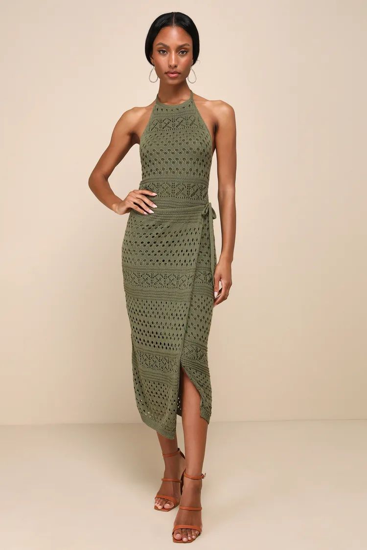 Blissful Strolls Olive Green Crochet Faux-Wrap Halter Midi Dress | Lulus