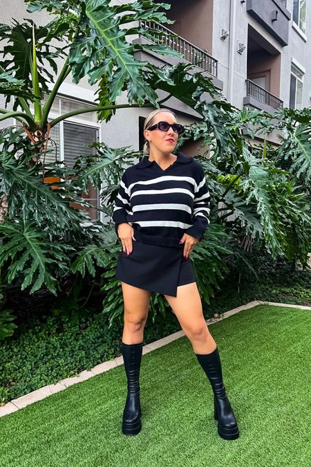 Black and white striped cropped sweater

Black skort

Black long boots from Steve Madden 

Fall outfit ideas
Sweater outfits with boots

#LTKstyletip #LTKSeasonal #LTKmidsize