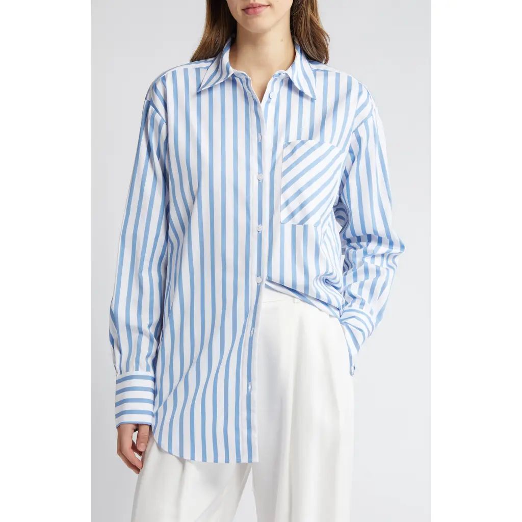 Nordstrom Stripe Long Sleeve Cotton Button-Up Shirt in White- Blue Libby Stripe at Nordstrom, Size Large | Nordstrom