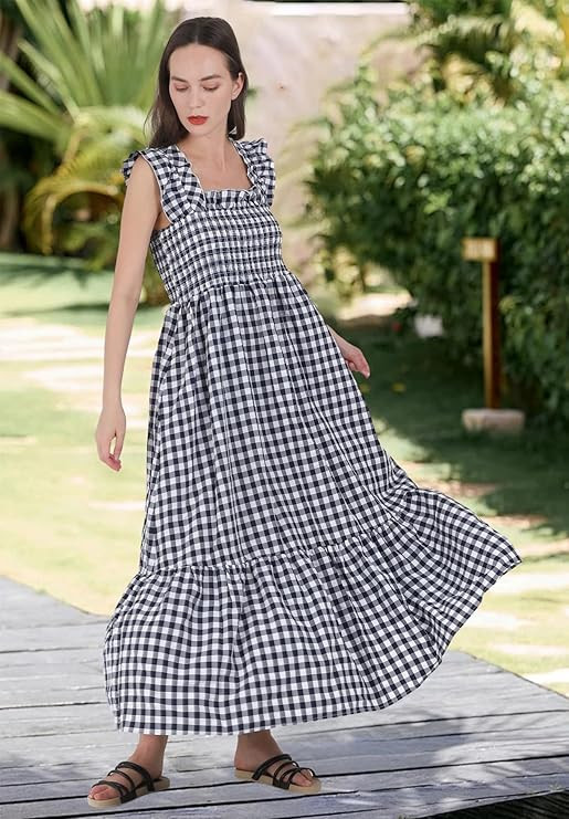 chouyatou Women's Retro Plaid Smocked Dress Spaghetti Strap Flounce Long Dress | Amazon (US)