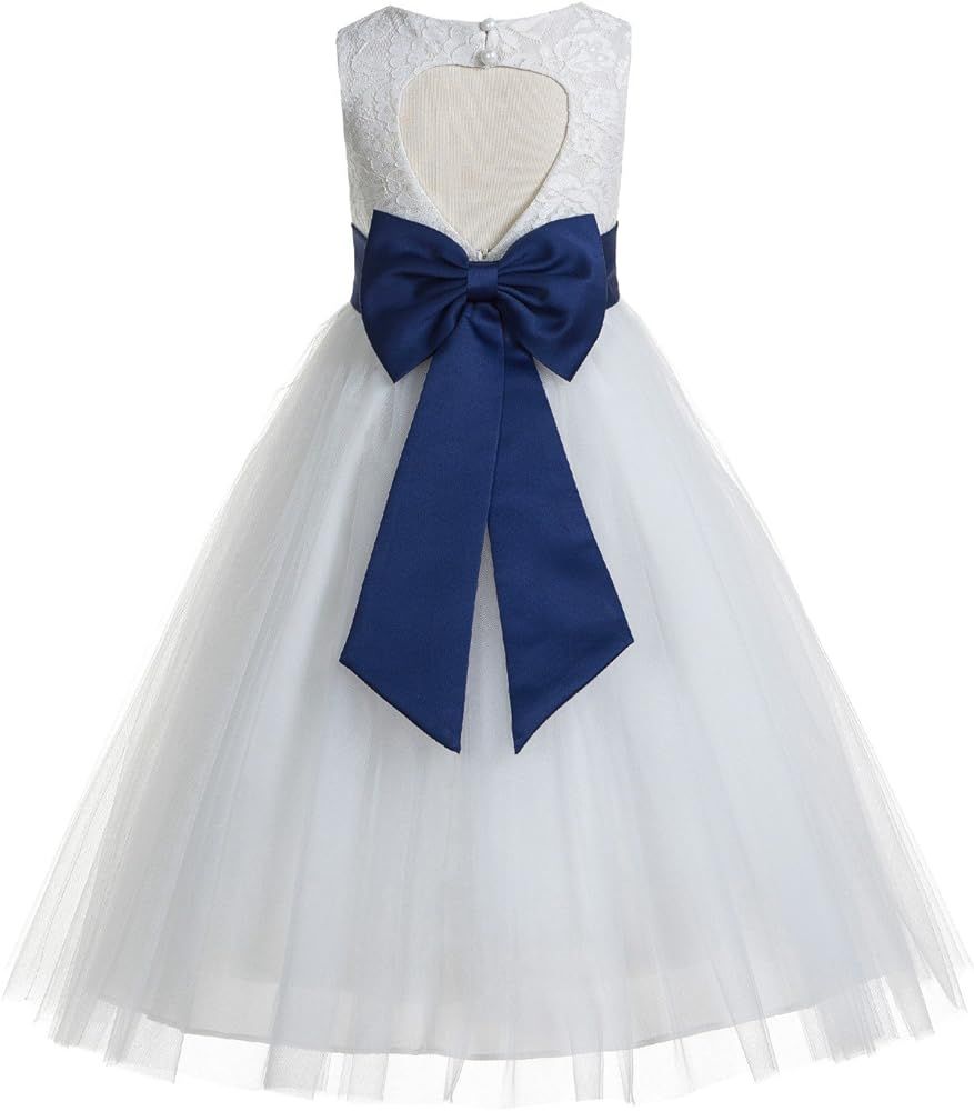 Floral Lace Heart Cutout Ivory Flower Girl Dress Junior Bridesmaid Pageant Gown | Amazon (US)