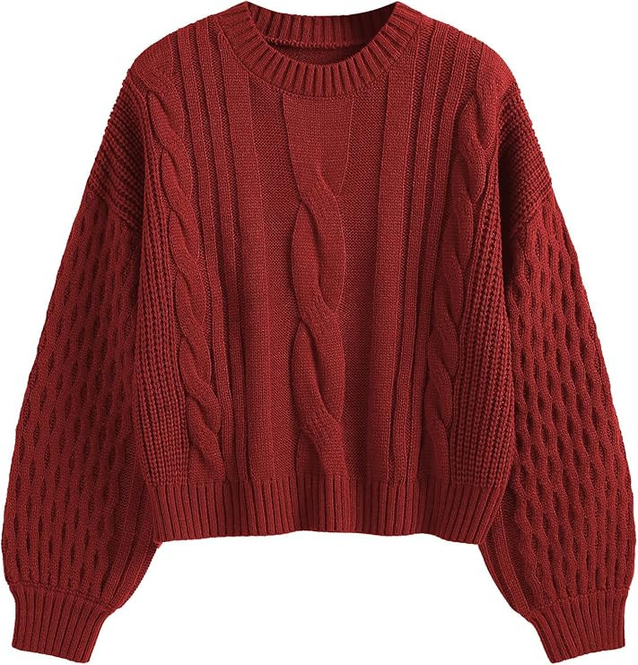 ZAFUL Women's Solid Knit Cable Sweater Casual Long Lantern Sleeve Pullover Crew Neck Knitted Tops | Amazon (US)