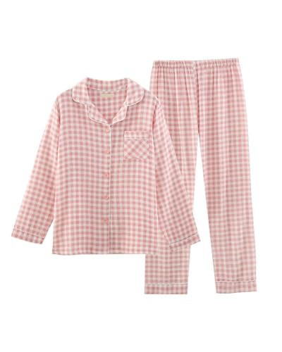 codcm Womens Cotton Pajama Sets Long Sleeve Button Down Shirt and Pants Sleepwear 2 Piece Gingham Pj Set(Pink,X-Small) | Amazon (US)