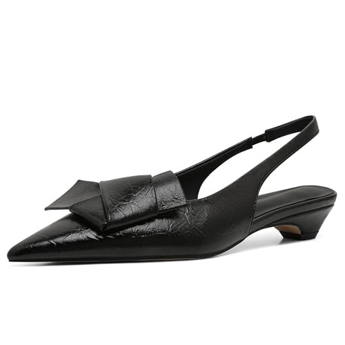 Yremael Women's Kitten Heels Black Heels Pumps Bow Heels Dress Shoes Chunky Heels Wedding Shoes Slingback Heels Pointed Toe Heels Bridal Shoes | Amazon (US)