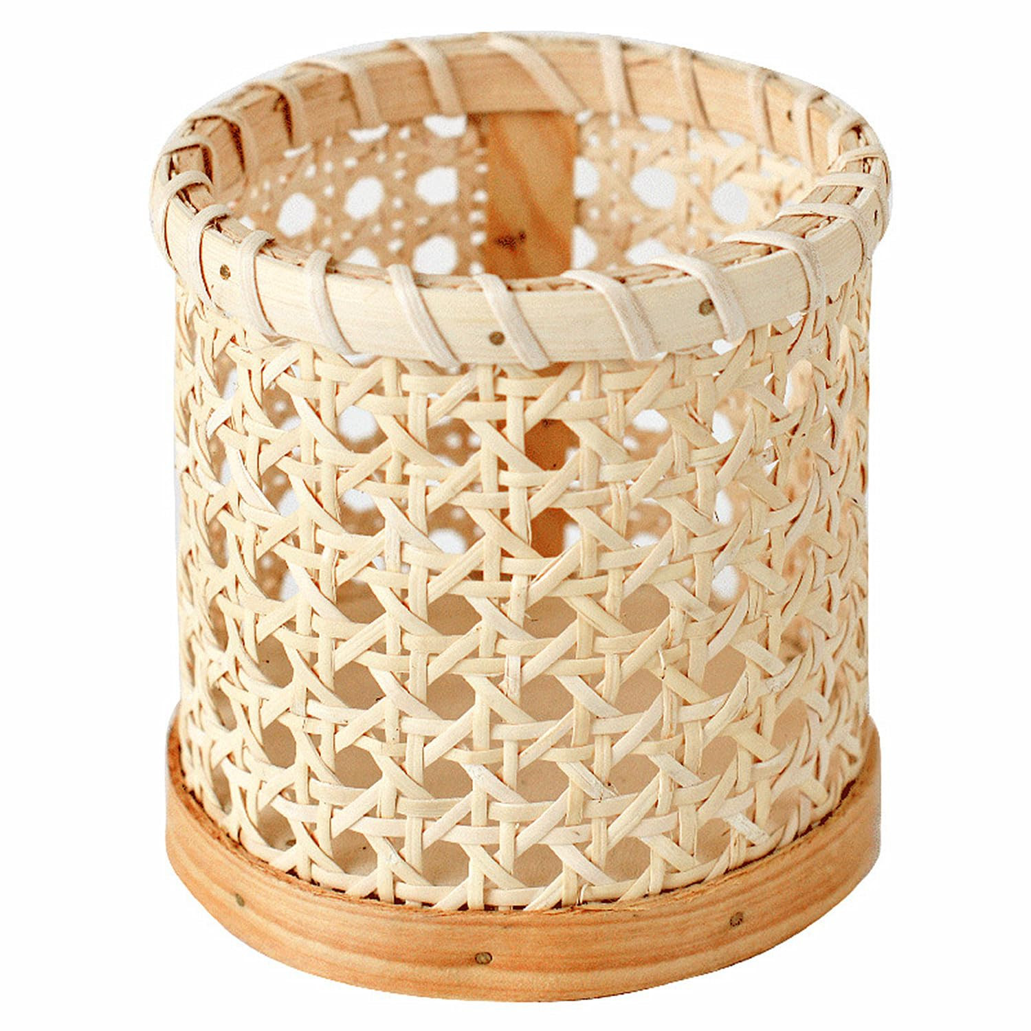 Handwoven Rattan Pen Holder - Cylindrical Desk Organizer, Natural Wicker Pencil Cup with Wooden B... | Amazon (US)