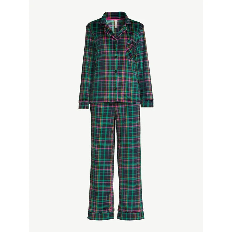 Joyspun Women’s Stretch Velour Notch Collar Top with Pants, 2-Piece Pajama Set, Sizes S to 3X | Walmart (US)
