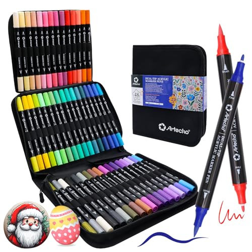 Artecho Acrylic Paint Markers 48 Colors with Bag, Acrylic Paint Pens with Brush Tip and Fine Tip for Stone, Rock Painting, Paper, Pumpkin, Wood, Egg, Canvas, Ceramic, Fabric, leather, Glass | Amazon (US)