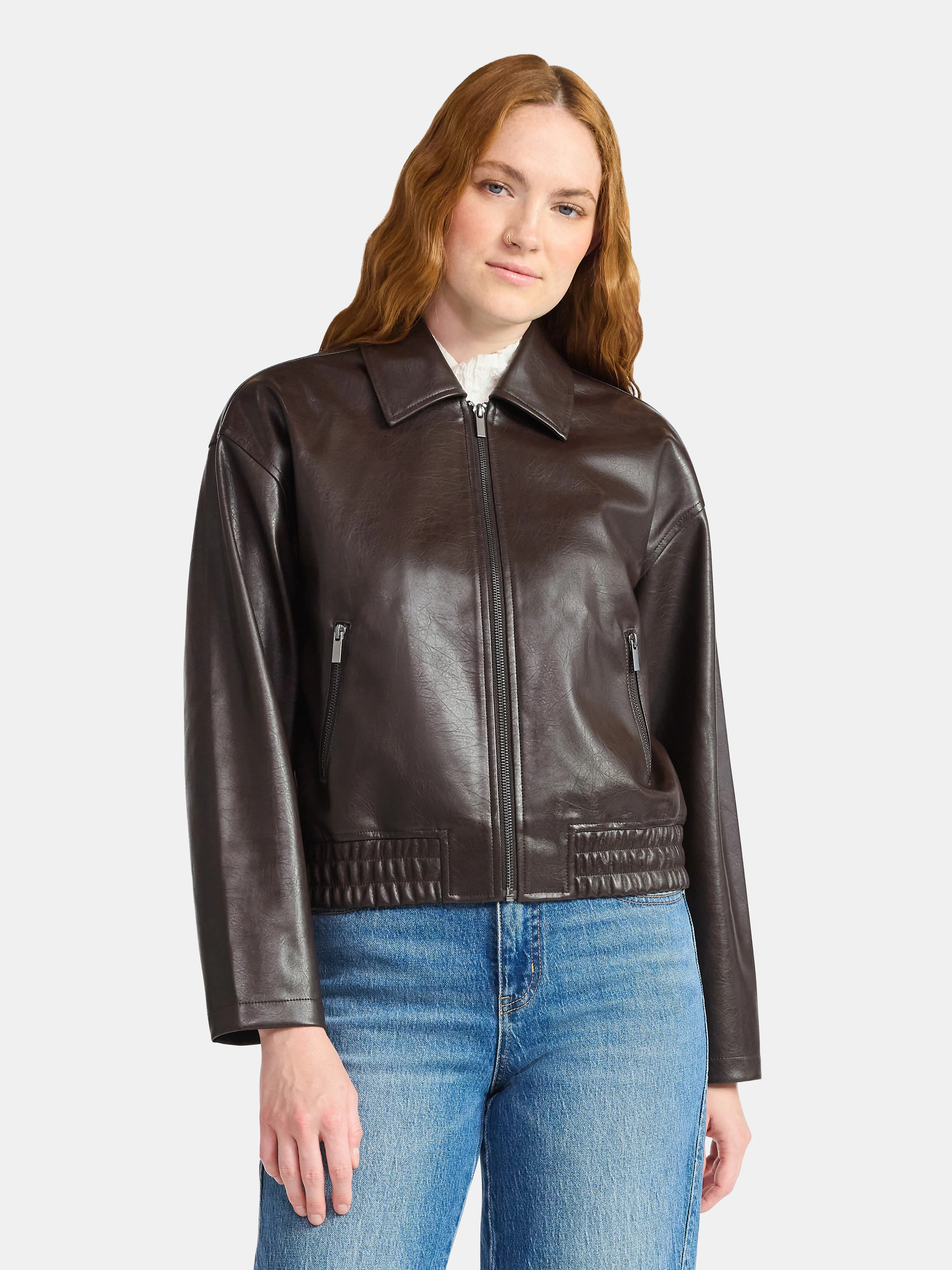 Time and Tru Women's Faux Leather Zip Jacket, Midweight, Sizes XS-XXXL | Walmart (US)
