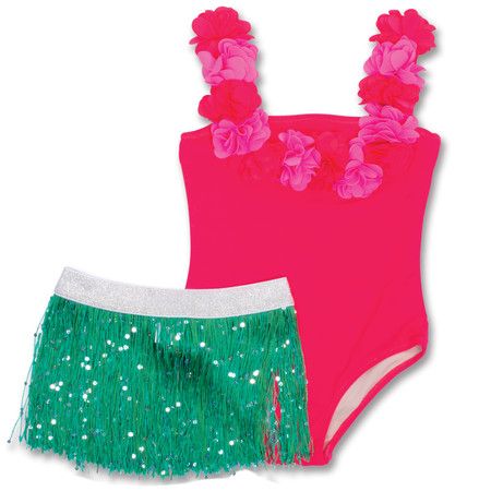 Poppy Hula Girl w/ Fringe Skirt Girls One Piece Swimsuit 3-10 | Shade Critters