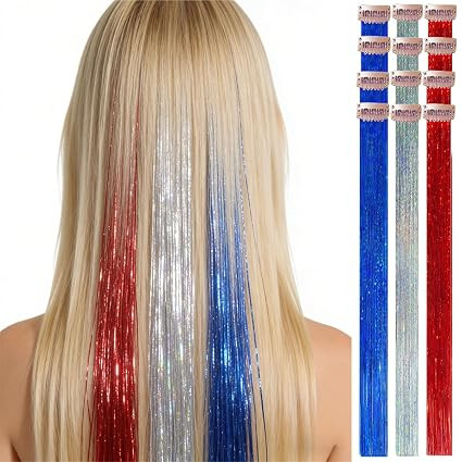 Clip In Hair Tinsel 12 Pack 3 Colors Mixed Crimson Silver Sapphire Blue 23 Inch 70 Strands Heat R... | Amazon (US)