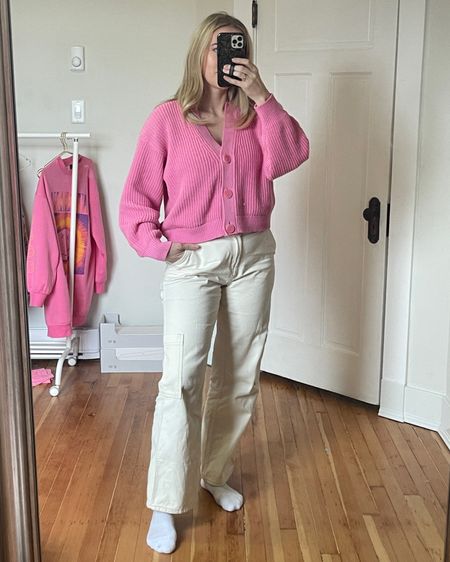 Cargo pants are a must have for spring! These off white ones are a flattering fit and easy to style. They run small so size up one size! Pink knit cardigan fits true to size  
.
.
.
Spring outfit - cargo pants - cream cargo pants - H&M new arrivals 

#LTKstyletip #LTKunder50 #LTKunder100