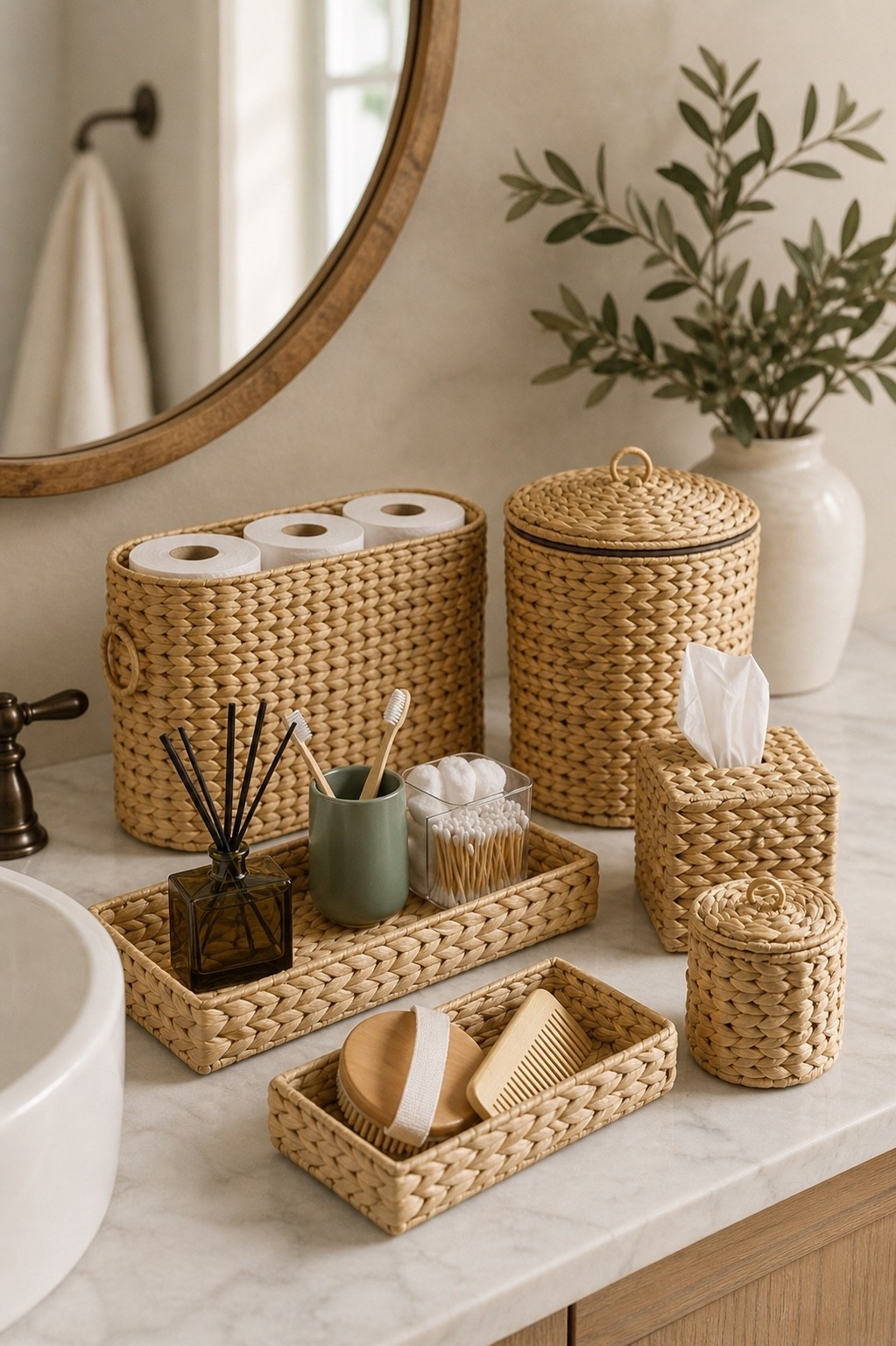 Bathroom organization, but make it pretty 🤎 Love how these woven pieces add storage while still looking like decor. Perfect for toilet paper, tissues, cotton rounds, and countertop essentials.

Shop the look on LTK 🧺

#LTKHome #LTKFinds #BathroomDecor #BathroomOrganization #NeutralHome