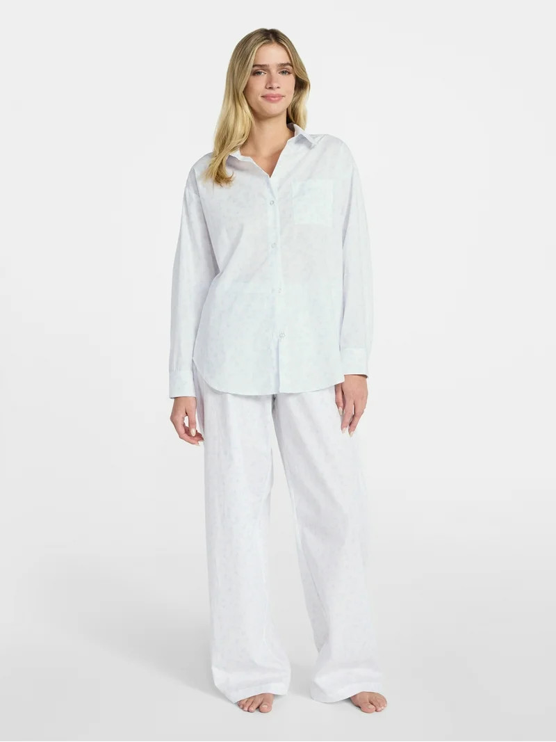 No Boundaries Sleepwear Woven Cotton Button-Down Shirt, Women's XS-XXL | Walmart (US)
