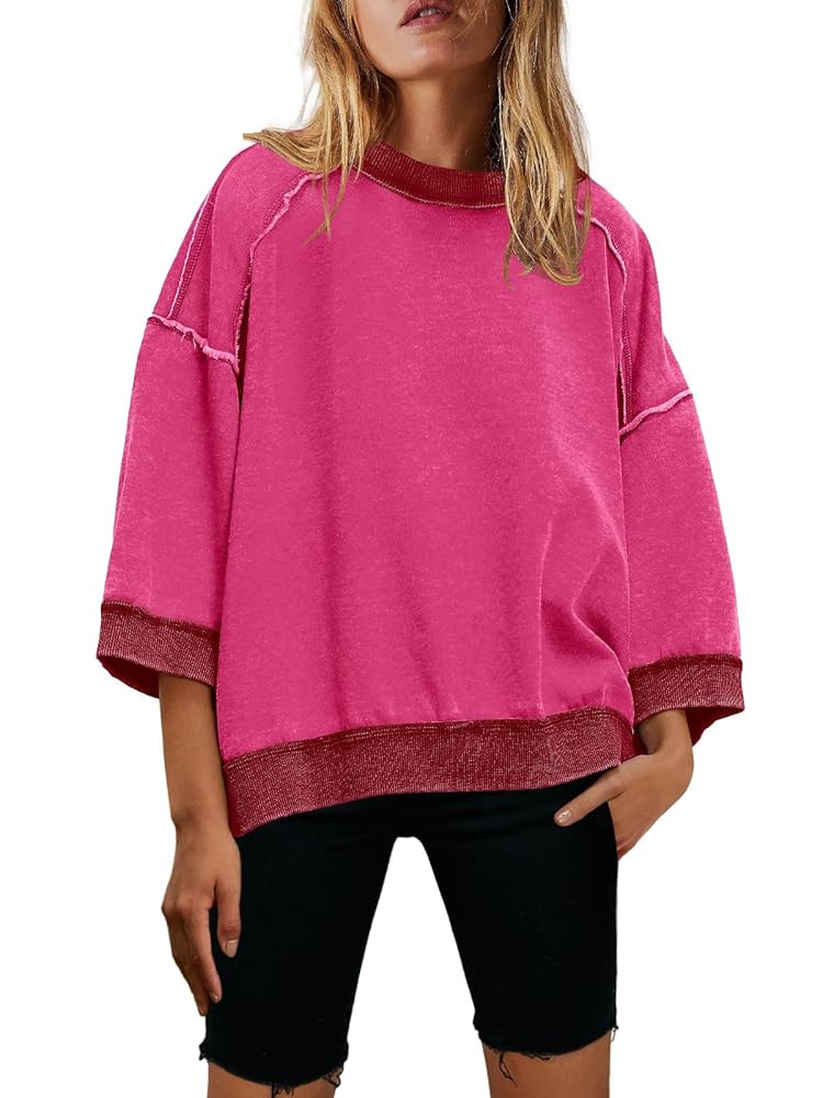 Nirovien Womens Oversized Sweatshirt 3/4 Sleeve Crewneck Sweatshirts Summer Color Block Pullover ... | Amazon (US)