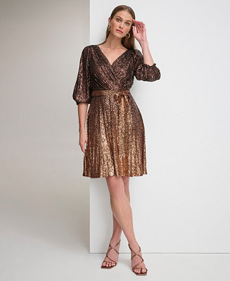 DKNY Women's Long Sleeve Ombre Faux Wrap Sequin Dress - Macy's | Macy's