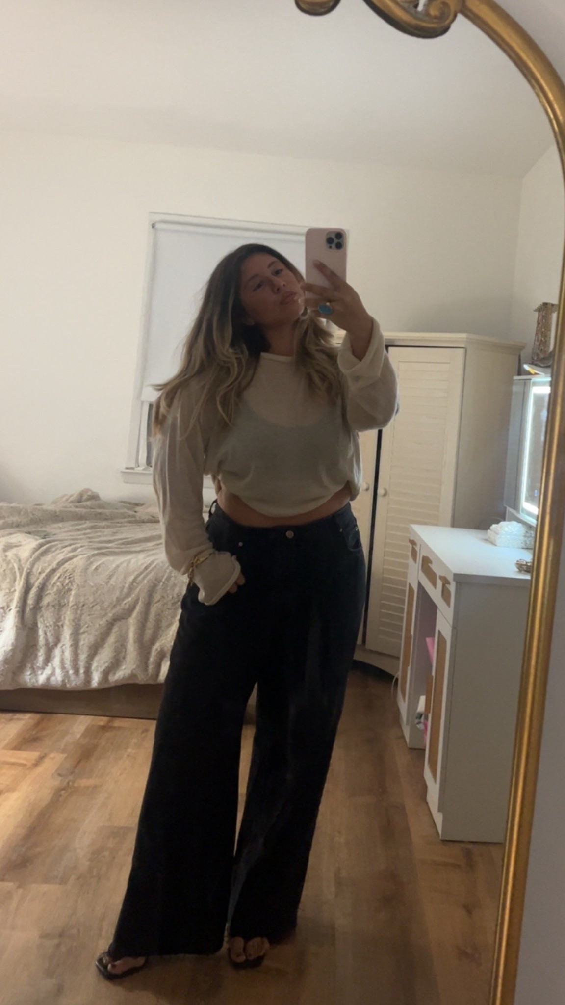 fall drinks fit

top is zara linked similar options 
jeans are bdg I sized up wide leg Jean 
flip flop kitten heels r Amazon, love them 

#LTKPetite #LTKgrwm #LTKootd