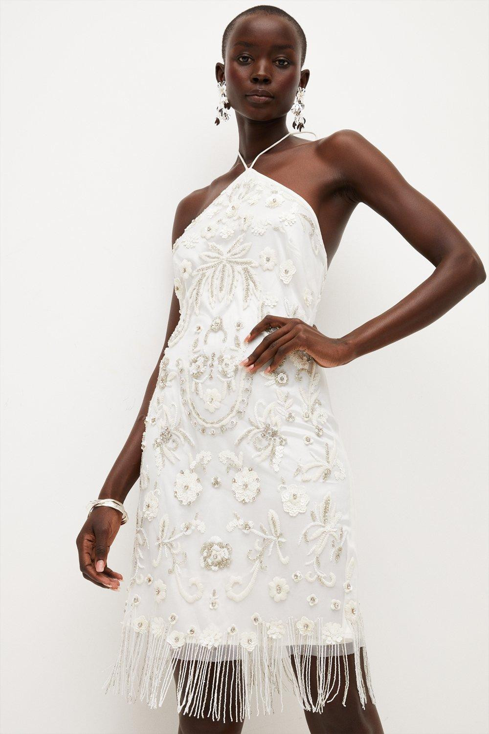Premium Beaded Halterneck Mini Dress | Karen Millen UK + IE + DE + NL
