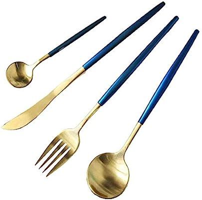 16 Pieces Dinner Tableware Knife Fork Soup Spoon Dessert Spoon Flatware - Royal Style Blue Gold (... | Amazon (US)