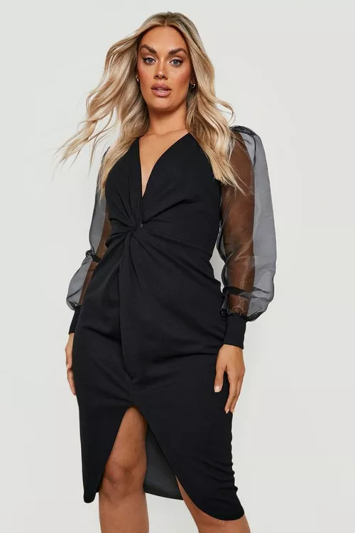 Plus Twist Front Organza Sleeve Midi Dress | Boohoo.com (US & CA)